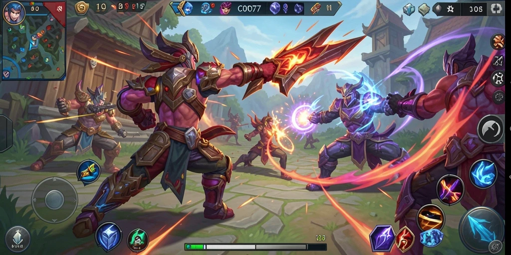 Screenshot C0077 menampilkan pertarungan seru di arena MOBA.