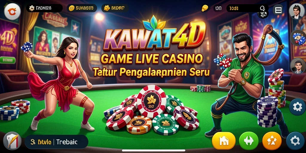 Screenshot gameplay KAWAT4D menampilkan dealer profesional dan suasana kasino yang meriah.